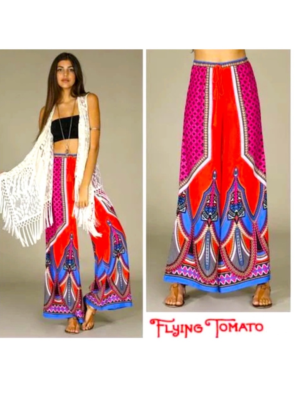 Flying Tomato Red and Pink Wide-Leg Printed Pants